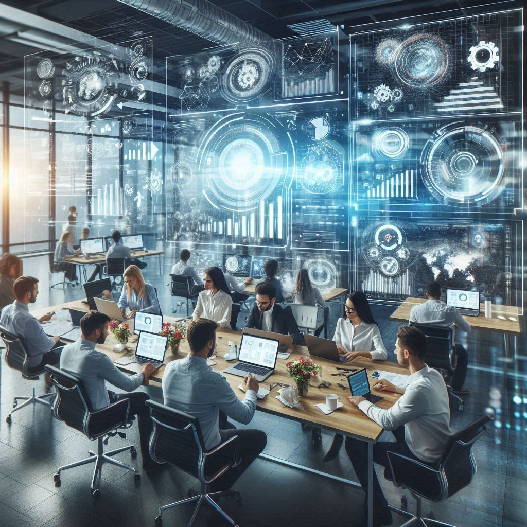 Modern venture studio workspace with digital dashboards