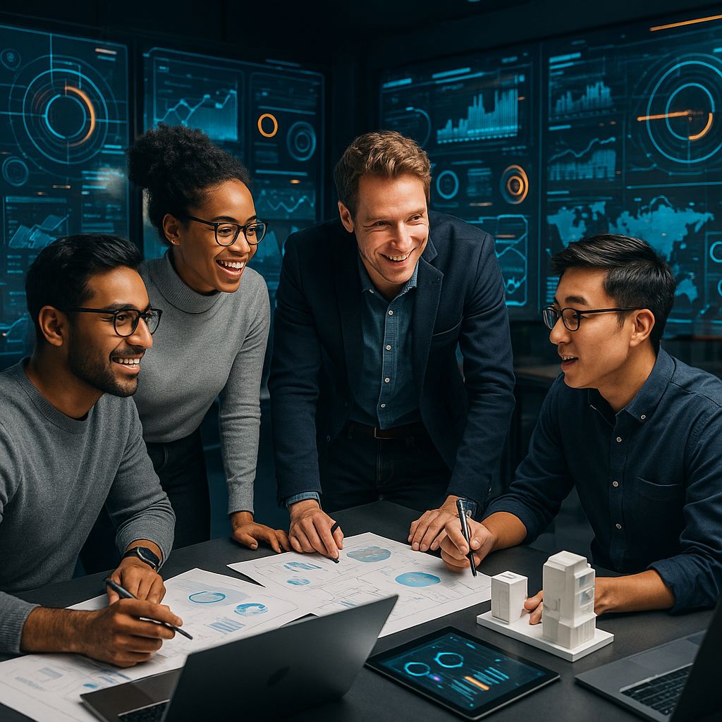 Startup team collaborating in a technology lab